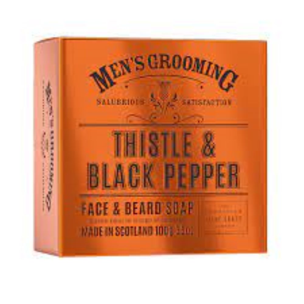 Scottish Fine Soaps Mens Grooming Thistle & Black Pepper Face & Beard Soap 100g Carton